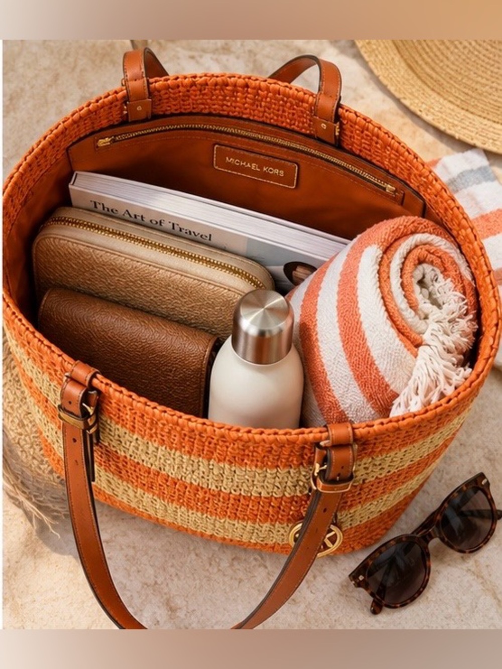 Michael Kors Quinn Straw Tote Orange Stripe Large Beach Travel  Bag Bold Coastal - Picture 4 of 10